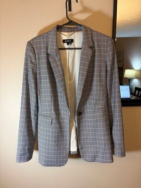 DKNY Women’s Plaid Gray & Blue Single-Button Blazer
